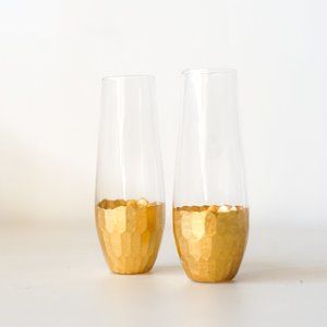 2 Stemless Champagne Flutes w/ Faceted Golden Leaf